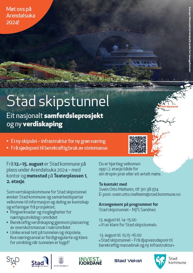 Bilete av invitasjon. Viser tunnelportal med båt i opninga. Sjø og tilrettelagt grøntområde. Norgeskart som viser kvar Stad skipstunnel er lokalisert. - Klikk for stort bilete